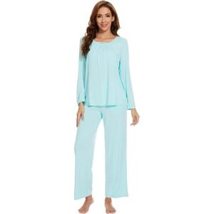 imageWiWi Viscose from Bamboo Pajamas Sets for Women Long Sleeve Sleepwear Soft V Neck Top with Pants Plus Size Pjs S4XBaqua