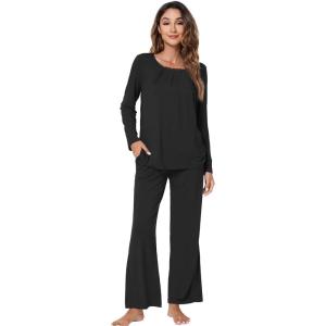 imageWiWi Viscose from Bamboo Pajamas Sets for Women Long Sleeve Sleepwear Soft V Neck Top with Pants Plus Size Pjs S4XBblack
