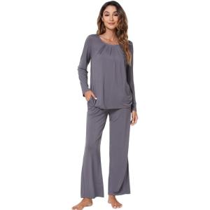 imageWiWi Viscose from Bamboo Pajamas Sets for Women Long Sleeve Sleepwear Soft V Neck Top with Pants Plus Size Pjs S4XBdark Grey