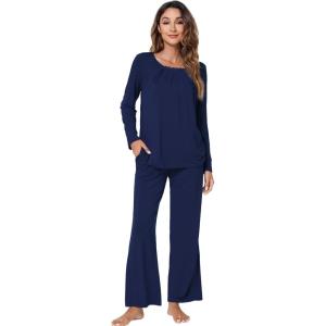 imageWiWi Viscose from Bamboo Pajamas Sets for Women Long Sleeve Sleepwear Soft V Neck Top with Pants Plus Size Pjs S4XBnavy