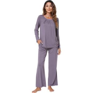 imageWiWi Viscose from Bamboo Pajamas Sets for Women Long Sleeve Sleepwear Soft V Neck Top with Pants Plus Size Pjs S4XBviolet