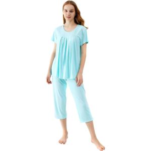 imageWiWi Viscose from Bamboo Pajamas for Women Capri Pants Pajama Sets Short Sleeve Sleepwear Set Top with Capris Pjs SXXLAaqua