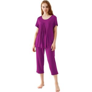 imageWiWi Viscose from Bamboo Pajamas for Women Capri Pants Pajama Sets Short Sleeve Sleepwear Set Top with Capris Pjs SXXLAdark Reddish Purple