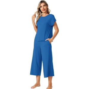 imageWiWi Viscose from Bamboo Pajamas for Women Capri Pants Pajama Sets Short Sleeve Sleepwear Set Top with Capris Pjs SXXLBbright Blue
