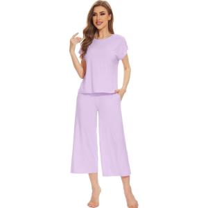 imageWiWi Viscose from Bamboo Pajamas for Women Capri Pants Pajama Sets Short Sleeve Sleepwear Set Top with Capris Pjs SXXLBlight Purple