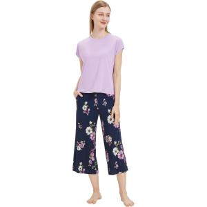 imageWiWi Viscose from Bamboo Pajamas for Women Capri Pants Pajama Sets Short Sleeve Sleepwear Set Top with Capris Pjs SXXLBpurpleNavy Floral