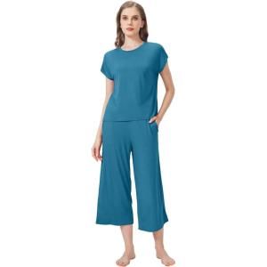imageWiWi Viscose from Bamboo Pajamas for Women Capri Pants Pajama Sets Short Sleeve Sleepwear Set Top with Capris Pjs SXXLBteal Blue