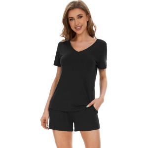 imageWiWi Viscose from Bamboo Pajamas for Women Short Sleeve Summer Tops with Shorts Pajama Set Cooling SXXLBlack