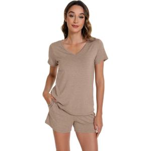 imageWiWi Viscose from Bamboo Pajamas for Women Short Sleeve Summer Tops with Shorts Pajama Set Cooling SXXLCamel