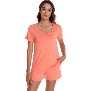imageWiWi Viscose from Bamboo Pajamas for Women Short Sleeve Summer Tops with Shorts Pajama Set Cooling SXXLOrangeade