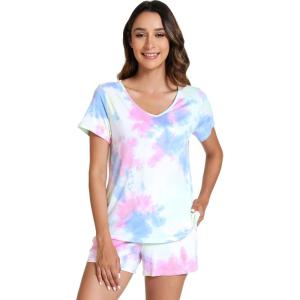 imageWiWi Viscose from Bamboo Pajamas for Women Short Sleeve Summer Tops with Shorts Pajama Set Cooling SXXLTie Dye