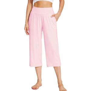 imageWiWi Viscose from Bamboo Soft Capri Yoga Loose Pants for Women High Waisted Comfy Pjs Capris Lounge Pajama Bottoms SXXLPink