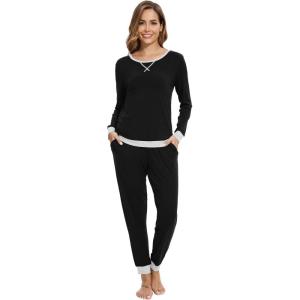 imageWiWi Viscose from Bamboo Womens Pajama Set Crew Neck Soft LongSleeve Top  Yoga Pants Sets with Pocket SXXLBlack