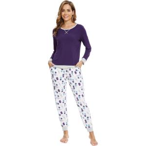 imageWiWi Viscose from Bamboo Womens Pajama Set Crew Neck Soft LongSleeve Top  Yoga Pants Sets with Pocket SXXLDark Purpledark Purple Dots