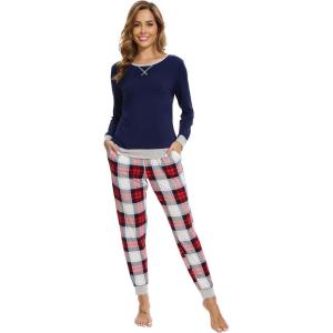 imageWiWi Viscose from Bamboo Womens Pajama Set Crew Neck Soft LongSleeve Top  Yoga Pants Sets with Pocket SXXLNavynavyRed Plaid