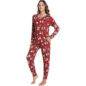 imageWiWi Viscose from Bamboo Womens Pajama Set Soft Long Raglan Sleeve Set Round Neck Pajamas SXXLChristmas Elk on Red