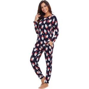 imageWiWi Viscose from Bamboo Womens Pajama Set Soft Long Raglan Sleeve Set Round Neck Pajamas SXXLSanta Claus on Navy