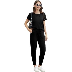 imageWiWi Womens 2 Piece Tracksuits Set with Pockets Scoop Neck Short Sleeve Tops Jogger Pants Lounge Sets Outfits SXXLBlack
