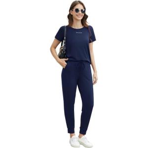 imageWiWi Womens 2 Piece Tracksuits Set with Pockets Scoop Neck Short Sleeve Tops Jogger Pants Lounge Sets Outfits SXXLDark Navy