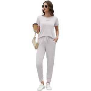 imageWiWi Womens 2 Piece Tracksuits Set with Pockets Scoop Neck Short Sleeve Tops Jogger Pants Lounge Sets Outfits SXXLGrayish White