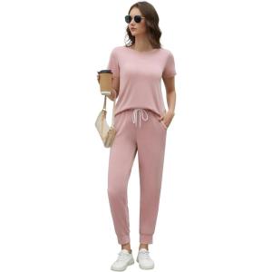 imageWiWi Womens 2 Piece Tracksuits Set with Pockets Scoop Neck Short Sleeve Tops Jogger Pants Lounge Sets Outfits SXXLSmoky Pink