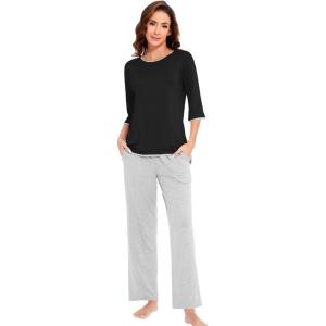 imageWiWi Womens 34 Sleeve Pajamas Set Soft Bamboo Viscose Top with Pants Sleepwear Plus Size Lightweight Pjs S4XAblacklight Heather Grey