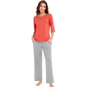 imageWiWi Womens 34 Sleeve Pajamas Set Soft Bamboo Viscose Top with Pants Sleepwear Plus Size Lightweight Pjs S4XAcoralheather Grey