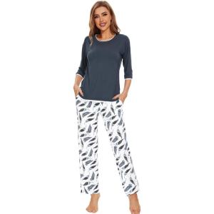 imageWiWi Womens 34 Sleeve Pajamas Set Soft Bamboo Viscose Top with Pants Sleepwear Plus Size Lightweight Pjs S4XAgreen Feather