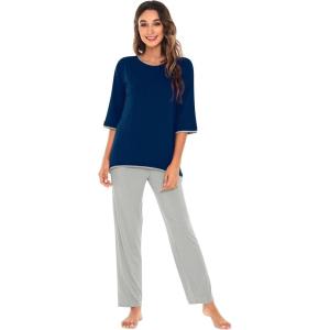 imageWiWi Womens 34 Sleeve Pajamas Set Soft Bamboo Viscose Top with Pants Sleepwear Plus Size Lightweight Pjs S4XAink Bluelight Grey