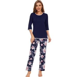 imageWiWi Womens 34 Sleeve Pajamas Set Soft Bamboo Viscose Top with Pants Sleepwear Plus Size Lightweight Pjs S4XAnavyPeony