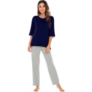 imageWiWi Womens 34 Sleeve Pajamas Set Soft Bamboo Viscose Top with Pants Sleepwear Plus Size Lightweight Pjs S4XAnavylight Grey