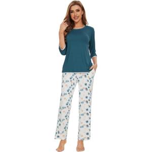 imageWiWi Womens 34 Sleeve Pajamas Set Soft Bamboo Viscose Top with Pants Sleepwear Plus Size Lightweight Pjs S4XAwhiteGreen Dots