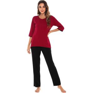 imageWiWi Womens 34 Sleeve Pajamas Set Soft Bamboo Viscose Top with Pants Sleepwear Plus Size Lightweight Pjs S4XAwineblack