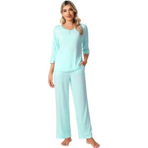 imageWiWi Womens 34 Sleeve Pajamas Set Soft Bamboo Viscose Top with Pants Sleepwear Plus Size Lightweight Pjs S4XBaqua