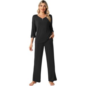 imageWiWi Womens 34 Sleeve Pajamas Set Soft Bamboo Viscose Top with Pants Sleepwear Plus Size Lightweight Pjs S4XBblack
