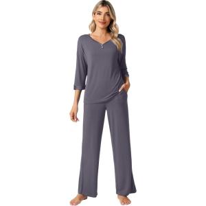 imageWiWi Womens 34 Sleeve Pajamas Set Soft Bamboo Viscose Top with Pants Sleepwear Plus Size Lightweight Pjs S4XBdark Grey