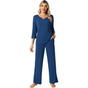 imageWiWi Womens 34 Sleeve Pajamas Set Soft Bamboo Viscose Top with Pants Sleepwear Plus Size Lightweight Pjs S4XBink Blue