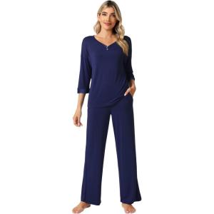 imageWiWi Womens 34 Sleeve Pajamas Set Soft Bamboo Viscose Top with Pants Sleepwear Plus Size Lightweight Pjs S4XBnavy