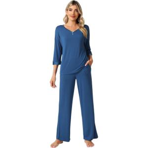 imageWiWi Womens 34 Sleeve Pajamas Set Soft Bamboo Viscose Top with Pants Sleepwear Plus Size Lightweight Pjs S4XBprussian Blue