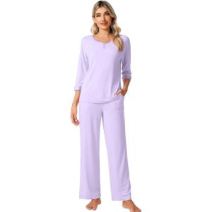 imageWiWi Womens 34 Sleeve Pajamas Set Soft Bamboo Viscose Top with Pants Sleepwear Plus Size Lightweight Pjs S4XBtaro Purple