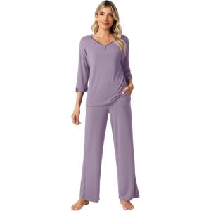 imageWiWi Womens 34 Sleeve Pajamas Set Soft Bamboo Viscose Top with Pants Sleepwear Plus Size Lightweight Pjs S4XBviolet