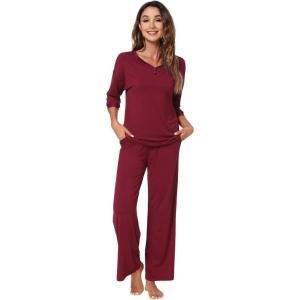 imageWiWi Womens 34 Sleeve Pajamas Set Soft Bamboo Viscose Top with Pants Sleepwear Plus Size Lightweight Pjs S4XBwine