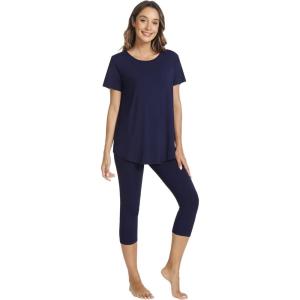 imageWiWi Womens Pajama Set 2 Piece Short Sleeve Tunic Top Capri Leggings Sleepwear Soft Pjs Viscose from Bamboo SXXLNavy