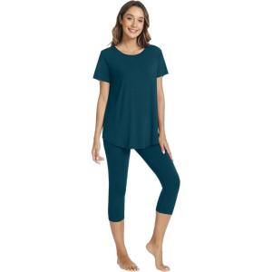 imageWiWi Womens Pajama Set 2 Piece Short Sleeve Tunic Top Capri Leggings Sleepwear Soft Pjs Viscose from Bamboo SXXLPeacock Blue
