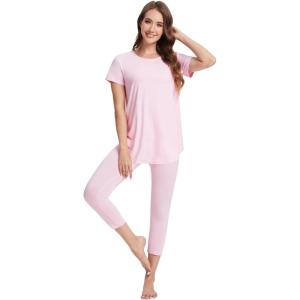 imageWiWi Womens Pajama Set 2 Piece Short Sleeve Tunic Top Capri Leggings Sleepwear Soft Pjs Viscose from Bamboo SXXLPink