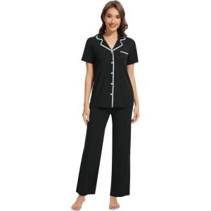 imageWiWi Womens Short Sleeve Pajama Set Button Down Sleepwear Soft Bamboo Viscose Loungewear with Pockets 2 Piece PJ SXXLAblack