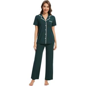 imageWiWi Womens Short Sleeve Pajama Set Button Down Sleepwear Soft Bamboo Viscose Loungewear with Pockets 2 Piece PJ SXXLAblackish Green