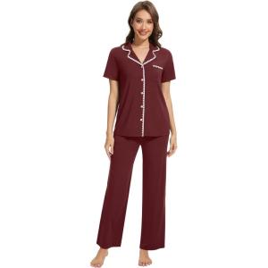 imageWiWi Womens Short Sleeve Pajama Set Button Down Sleepwear Soft Bamboo Viscose Loungewear with Pockets 2 Piece PJ SXXLAbrownish Red