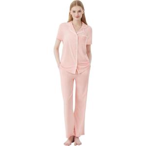 imageWiWi Womens Short Sleeve Pajama Set Button Down Sleepwear Soft Bamboo Viscose Loungewear with Pockets 2 Piece PJ SXXLAcream Pink