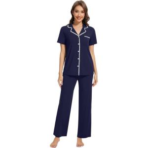 imageWiWi Womens Short Sleeve Pajama Set Button Down Sleepwear Soft Bamboo Viscose Loungewear with Pockets 2 Piece PJ SXXLAnavy